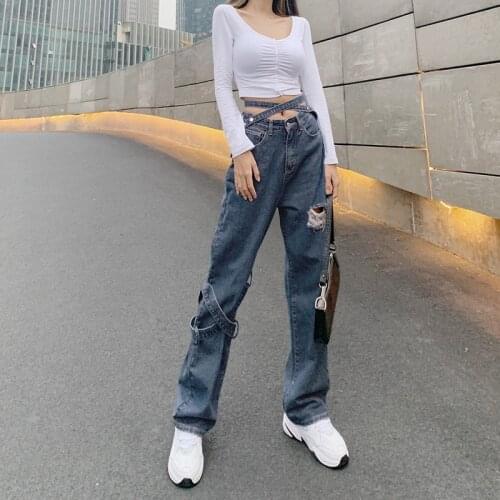 2020 European And American New Style Trousers Feature Ripped Holes High Waist Cross Belt Casual Straight-Leg Jeans S M L
