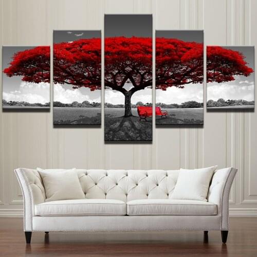 5 Panel Red Tree Red Bench Landscape Oil Paintings Pictures Wall Art HD Printed Poster Canvas Home Decor Living Room Decoration