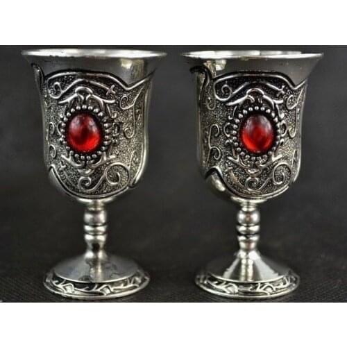 6pcs Handwork Tibet Silver Carving Totem Inlay Red Bead Pair Usable Wine Cup Set crafts Decoration real Tibetan Silver Brass