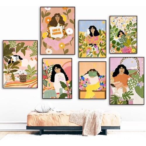 Abstract Girl Flower Leaves Plant Wall Art Canvas Painting Fashion Nordic Posters And Prints Wall Pictures For Living Room Decor