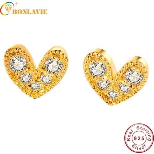 BONLAVIE 925 Sterling Silver Women Earring Yellow Color Heart-shaped insert drill periphery ear nail