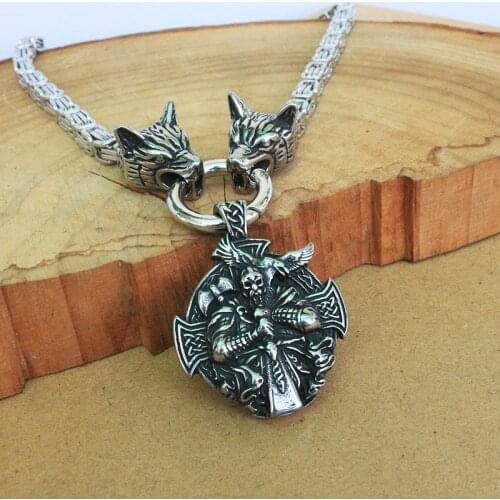 1pcs stainless steel viking wolf head chain with Odin by Helena Rosova pendant norse jewelry viking cross raven necklace
