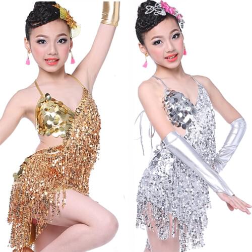 Kids Girls Sequined Latin Ballroom Dance Dress Modern Fringe Latin Dancing Stage Girl Dance Costume