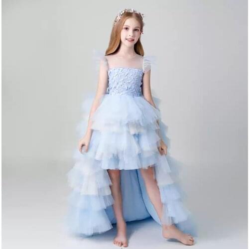 Flower Girl Dress Illusion Short O-Neck Embroidery Knee-Lengrh Princess Tulle Lace Luxury Light Blue Pearls Kids Party Gown H501