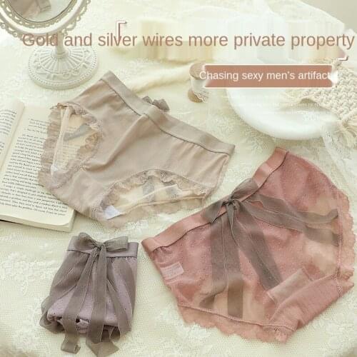 French Thin Panties Sexy Lace Panties Womens New Soft Briefs Middle Waist Bow Knot Transparent Underpants Womens Underwear