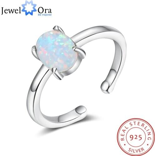 JewelOra Real 925 Sterling Silver Oval White Opal Ring Simple Style Silver 925 Adjustable Rings for Women Wedding Fine Jewelry