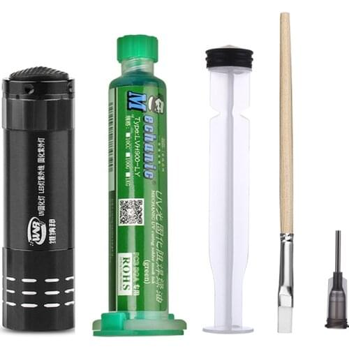 10ML Green Oil UV Solder Mask BGA PCB Paint Prevent Corrosive Arcing Soldering Paste Flux Inks Soft Nylon Brush 9 LED Light