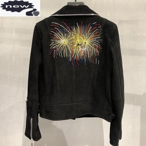 Runway Fashion Women Luxury Sheepskin Genuine Gothic Embroidery Sequins Suede Leather Short Coat Man Moto Jacket