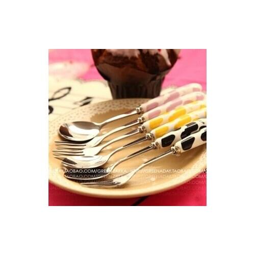 Kawaii Cows Grain Ceramic Handle Stainless Steel Spoon Fork Knife Kit Creative Portable Tableware Dinner Set 3Pcs/Lot