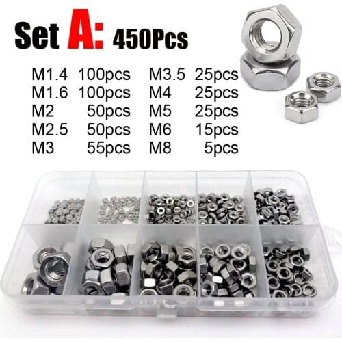 450/669pcs M1 M1.2 M1.4 M1.6 M2 M2.5 M3 M3.5 M4 M5 M6 M8 M10M12M16 304 Stainless Steel DIN934 Hex Hexagon Nut Set Assortment Kit