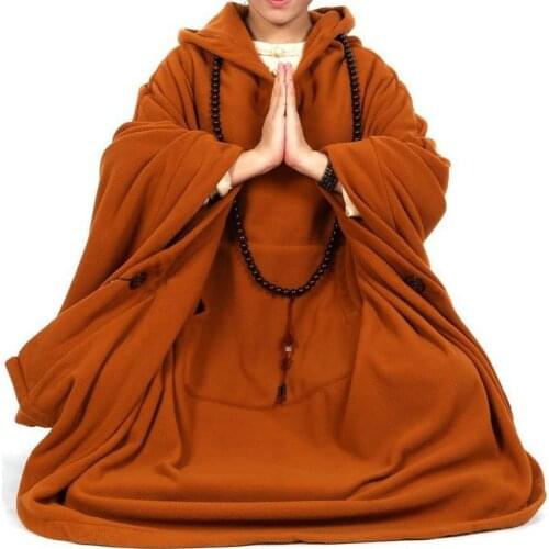 UNISEX buddhist abbot monks cape zen Polar fleece winter&Autumn warm meditation cloak lay coat nunmartial arts gowncoffee yellow