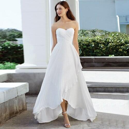 Charming Sweetheart Sleeveless Hi-Lo Wedding Dress 2021 Corset Sweep Train Beackless Crinkle Chiffon Bridal Gowns