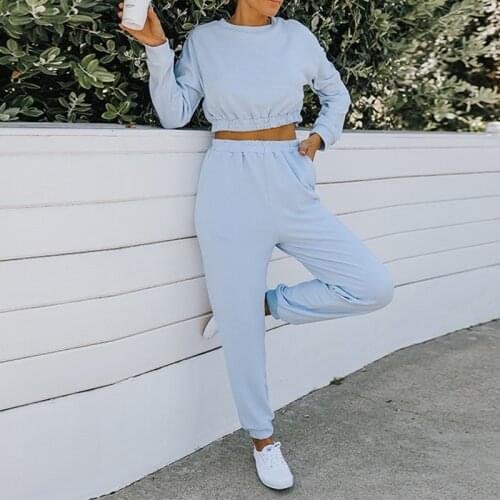 Solid Casual Loose Women Pants 2 Pieces Set O-neck Crop Tops And Jogging Sweatpants Ladies Tracksuit Sportswear Fashion Outfits