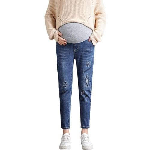 Autumn and winter embroidered pregnant women pants new outer wear jeans old pants casual feet pants autumn clothes