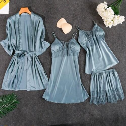Pajamas for women summer 4 pieces set pajamas Pajama Sets Sleepwear home suit clothing silk pajama set