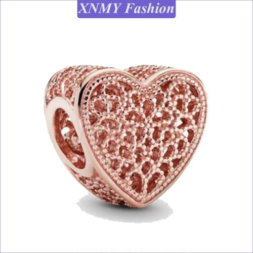 Fit Original Pandora Bracelet Charms Rose Gold Color Filigree and Beaded Heart Charm Bead Berloque Women DIY Jewelry
