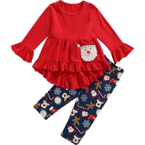 Christmas Kids Girls Outfit Set Long Sleeve Round Collar Flared Cuff Trailing Tops + Santa Claus Snowflake Elk Printing Trousers