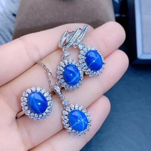 Wedding Best Gift Sapphire Set Natural And Real Sapphire Jewelry set 925 sterling silver 1pc Ring,1pc Pendant,2pcs Earring