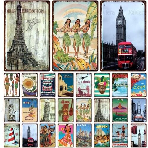 Tropical Hawaii & London & Japan & New York City Metal Plaque Landscape Metal Sign Bar Home Decoration Tin Sign Tin Painting