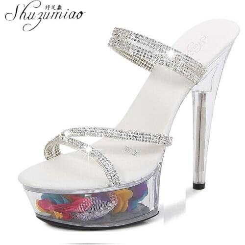 SHUZUMIAO Summer Women 13/15/17CM Super High Heel Shoes Transparent Platform Catwalk High Heels Rhinestone Open Toe Party Pumps