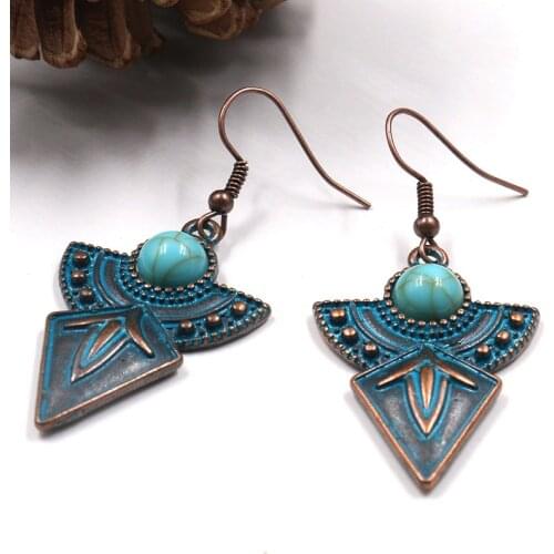Ethnic Womens Gypsy Shield Bronze Earrings Handmade Vintage Turquoises Beads India Earrings Oorbellen