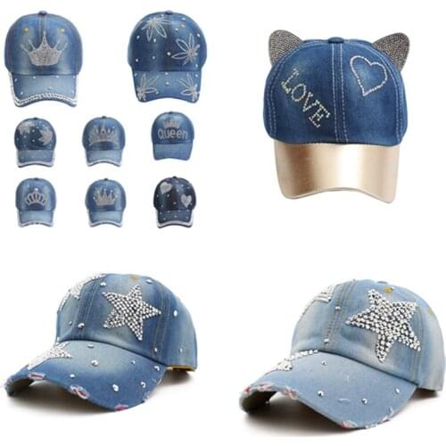Women Bling Tiara Distressed Denim Baseball Cap Rhinestones Queen Embellished Washed Retro Style Adjustable Hat