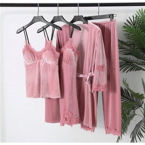Women 4 Pieces Women Pajamas Sets Gown & Robe Sleepwear Velvet Nightwear Pyjama Strap Sleep Lounge Set Pijama with Chest Pad
