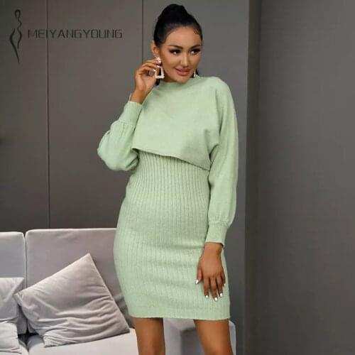 MEIYANGYOUNG Knitted Sweater Dress Women Fashion Sexy Two Piece Green Sweaters Pullovers Ladies Long Sleeve Jumper Autumn Winter