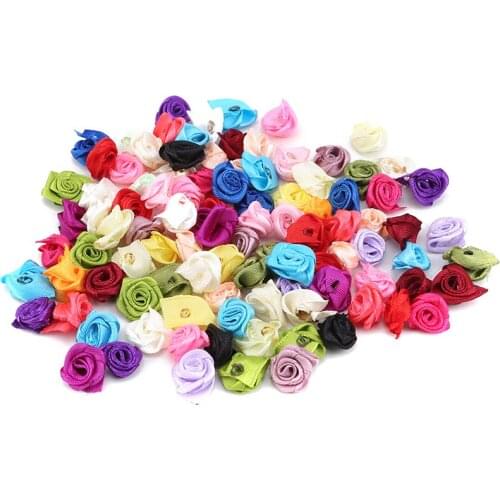 100pcs 10mm Mix Color Small Rose Flower Mini Handmade Satin Ribbon Rose Head Wedding Scrapbooking Decoration Clothes Accessories