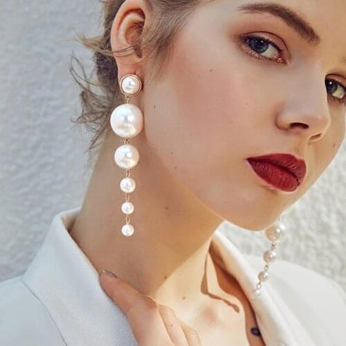 Tassel Big Simulated Pearl Long Earrings Pearls String Statement Dangle Earrings For Wedding Oorbellen pendientes orecchini