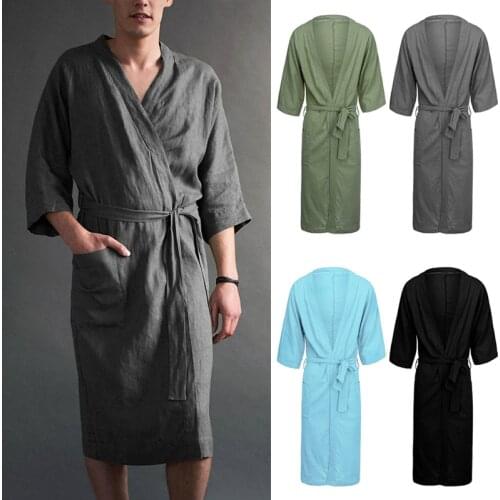 Long Style Bathrobe Mens Cotton Linen Pajamas Soft Comfortable Robe Sleepwear Autumn Casual Charming Gown Loungewear Plus Size