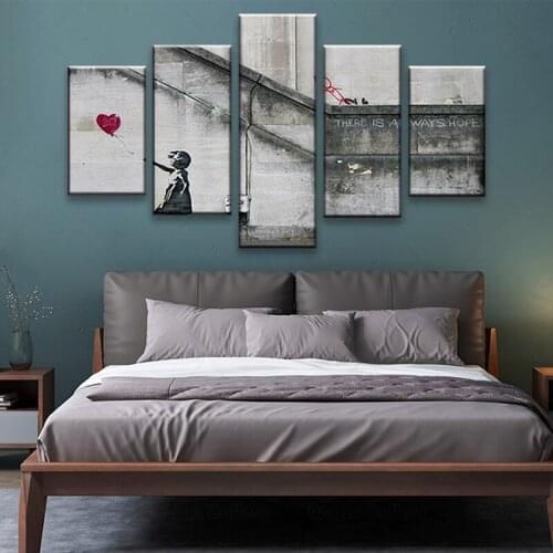 5 Panel Banksy Painting "Girls and Balloons" Canvas Poster Fashion Home Decor Print Wall Art Picture For Living Room Decoration