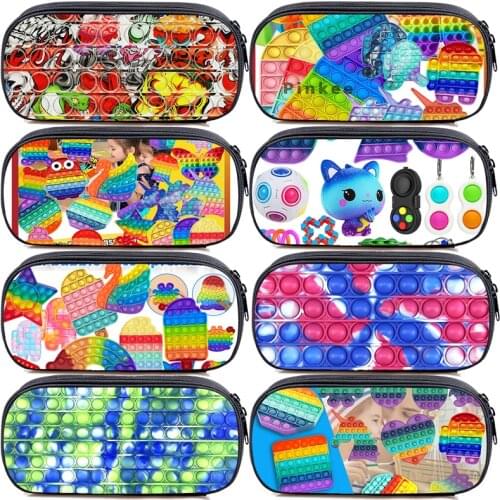 3D Anime Family Games Pen Bag Kids POP It Pencil Case Teens Stationery Storage Box Cartoon Push Rainbow Bubble Pen Case Students