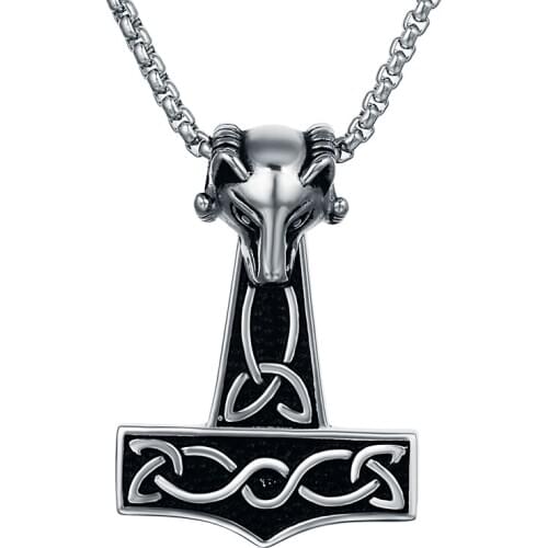 Valily Jewelry Mens Retro Sheep Quake Thor Hammer Pendant Necklace Stainless Steel fashion Silver chain necklacecollares mujer