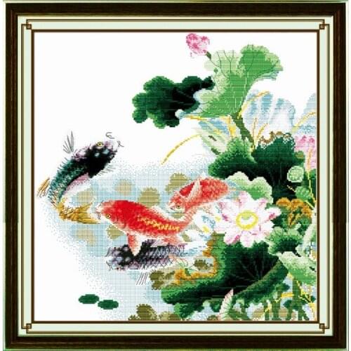 Lotus&carps picture cross stitch kit cartoon canvas stitching embroidery DIY handmade needlework