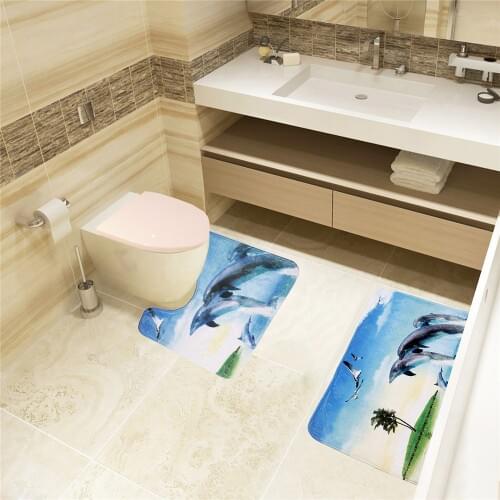 2 Piece Dolphin Printed Flannel Durable Bathroom Mat Set(18 x 30" Bathroom Floor Carpet +16 x 18" U-shaped Toilet Rug)