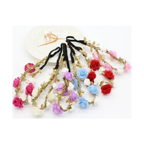 2016 New 10pcs/lot Rose Flower Headband Girls Hairband Bohemian Tiara Floral Golden Leaves Bandeau kids Hair Accessories