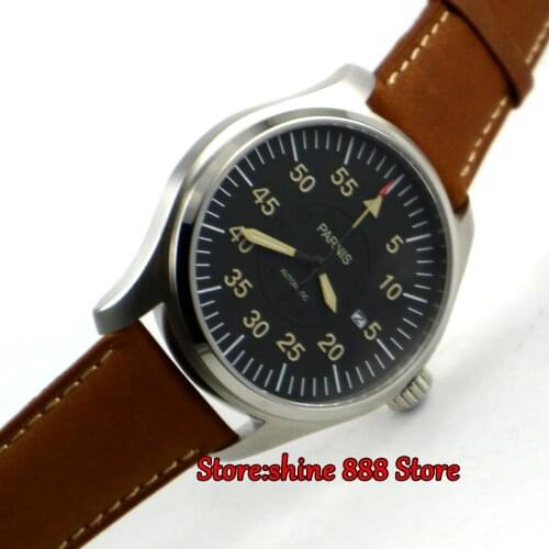 New 44mm Parnis Watch Men Automatic Mechanical Wristwatch Stainless Steel Case Black Dial Luminous Number Military Mens Watch