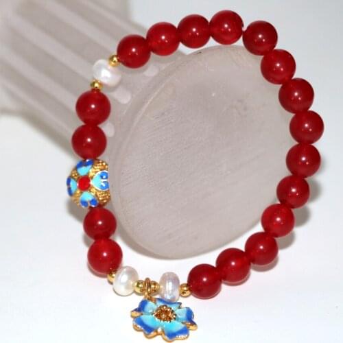 New 8mm natural stone red jades chalcedony round beads charms bracelets & bangle for women pearl cloisonne jewelry 7.5inch B2945