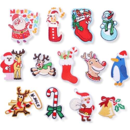 Christmas Embroidery Cloth Stickers Cartoon Elk Iron on Patch Thermo Adhesive Snowman Label Clothes Santa Claus Appliques Decor