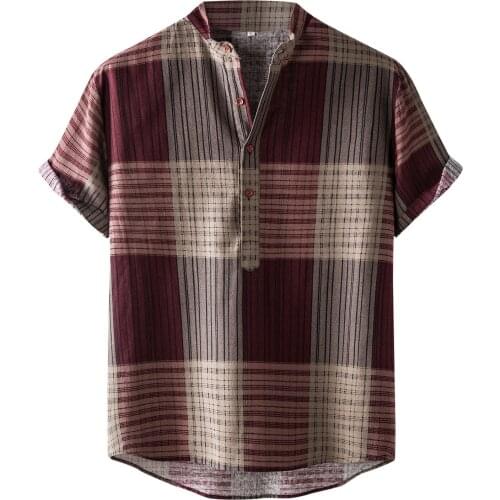 Vintage Plaid Print Mens Clothing Classic Button Up Short Sleeve Mens Shirts Male Casual V-neck Blouses Tops Bussiness Shirt