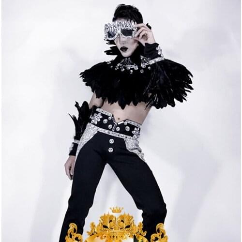 Sexy catwalk model clothing Black angle feather Nightclub DS dance team male rhinestone feather cloak costumes show singer