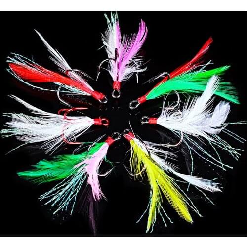 20pcs/lot Feather Treble Hooks High Carbon Steel Barbed Fishhook Triple Strengthen Hook Fishing Tackle