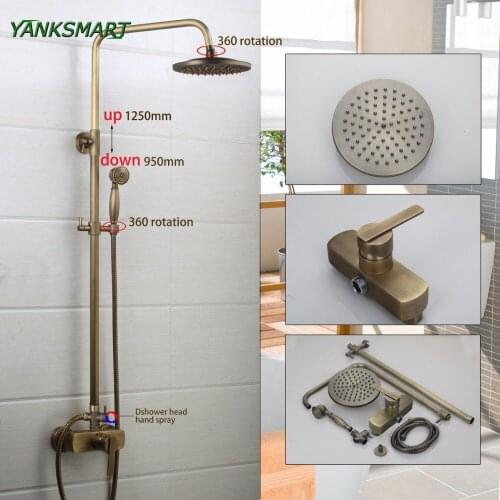 YANKSMART Flexible retro vintage brass wall mount 8 inches shower head + control valve hand sprayer bathroom set