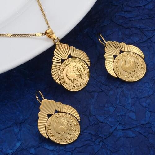 Gold Color Trendy Old French Coin Liberte Egalite Fraternite Coin 1912 Metal Coins Jewelry Sets