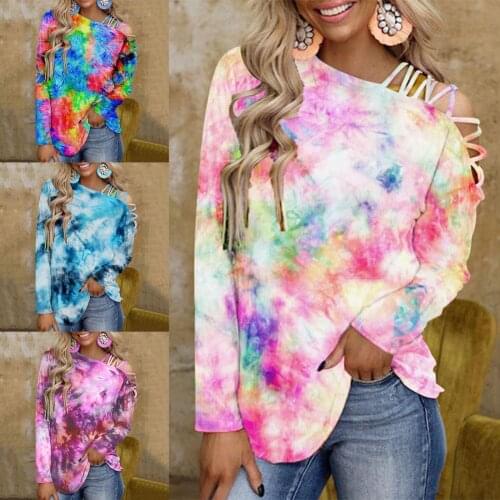 Women T-shirt Tie Dye Slant Collar Long Sleeve Off Shoulder T Shirt Dating Summer T-shirt Womens Clothing