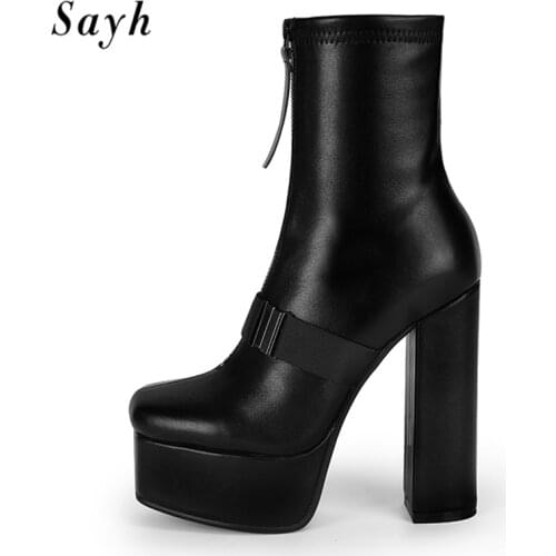 Female Punk Rivet Ankle Boots Square Toe Leather Shoes Platform Zipper Shoes Women Chunkey High Heels Booties