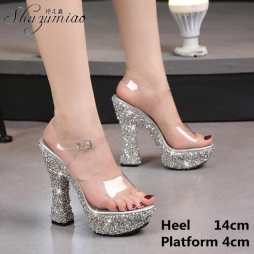 Rhinestone Sexy Party Club Show Thick Heel 14 CM Womens Shoes Catwalk Model Striptease Super High Heel Sandals Female 2021 New