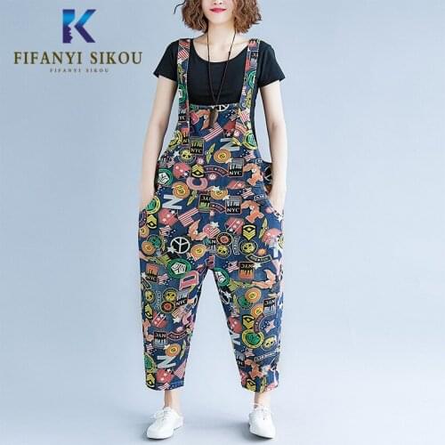 Oversized Denim Overalls Women Rompers Fashion Print Loose High Waist Jeans Romper Long Trousers Female Casual Denim Jumpsuit