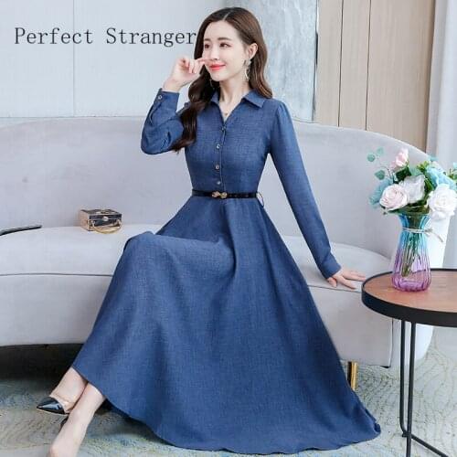 2021 Autumn New Arrival M-3XL Turn-down Collar Long Sleeve Solid Color Women Cotton and Linen Long Dress
